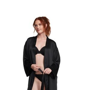 Victorias Secret Silky Black Satin Robe for Women - Classic Lounge Wrap